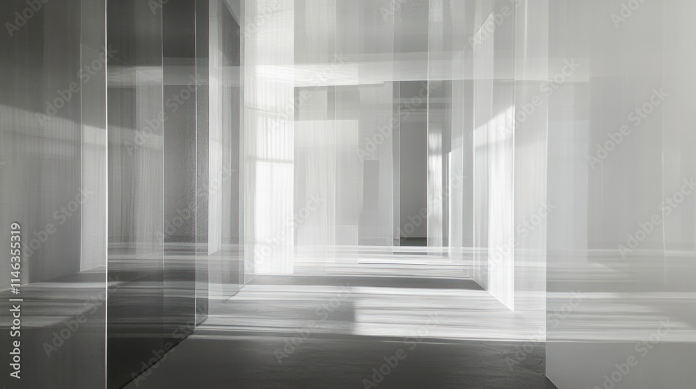 Aufkleber A modern, abstract space featuring light and shadow interplay through transparent structures.