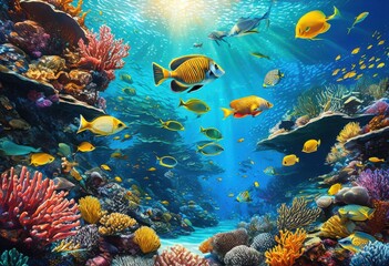 Obraz premium vibrant underwater landscapes featuring colorful coral reefs diverse sea creatures rich detail life, aquatic, marine, fish, ocean, colors, anemone