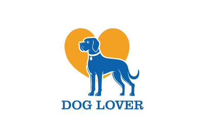 great dog standing logo, silhouette of elegant dog and love icon vector illustrations