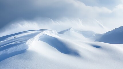 Snow-covered mountain landscape showcases undulating hills under a cloudy sky in winter
