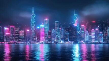 Obraz premium Vibrant Nighttime Cityscape of Hong Kong with Neon Lights Reflecting on Water, Capturing Urban Life and Modern Architecture in Twilight Glow