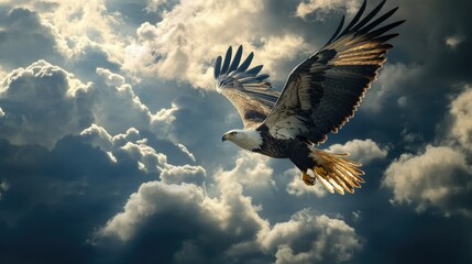 Fototapeta premium Majestic Eagle Soaring Through Dramatic Clouds Under a Bright Sky, Capturing the Essence of Freedom and Strength in Nature's Palette