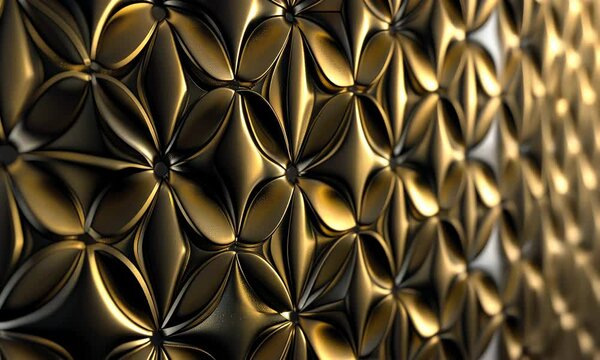 Luxurious golden surface with 3D floral patterns creating elegant wallpaper effect