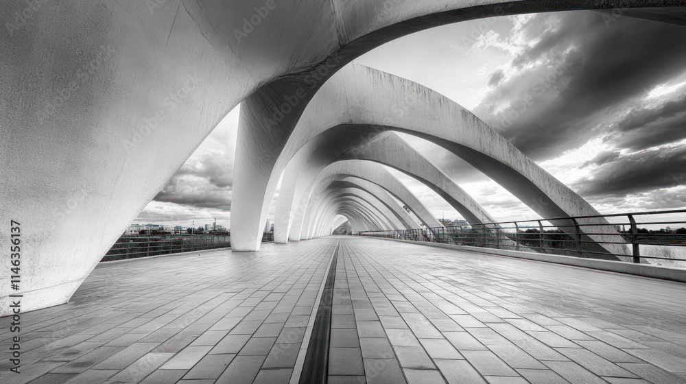 Aufkleber A monochromatic view of an architectural bridge with sweeping arches and a smooth pathway.