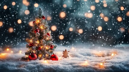 Fototapeta premium Winter wonderland with snow-covered ground, glimmering lights, and festive ornaments creating a holiday atmosphere