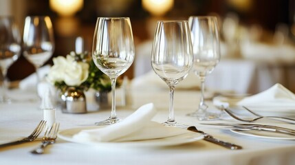 Fototapeta premium elegant dinner table setting with crystal wine glasses