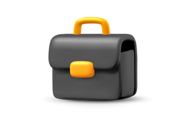 Vector illustration of black office work briefcase on white color background. 3d cartoon style design of male work bag for portfolio and document with lock. Business brief case icon