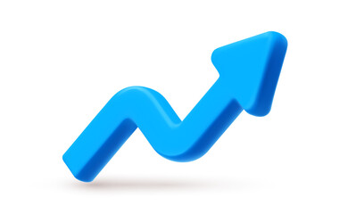 Vector financial realistic illustration of blue arrow graph on white background. 3d cartoon style design of graph of success strategy. Business arrow target growth up icon