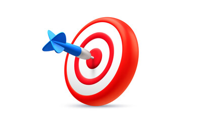 Vector realistic illustration of red dart target icon with arrow isolated on white background. 3d cartoon style design of business accurate target with arrow. Success bullseye goal