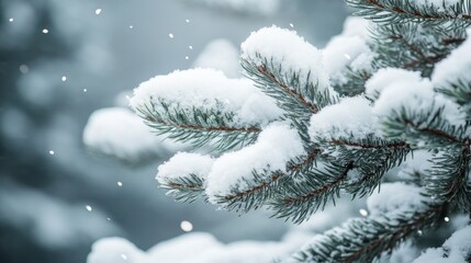 Snow-covered pine branches glistening in winter sunlight create a serene natural landscape