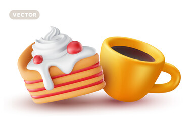 Vector illustration of realistic coffee cup and piece of cake with cream and cherry on white background. 3d cartoon style design of sweet cake with whipped cream and cup of coffee