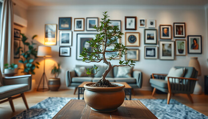 Fototapeta premium Aesthetic Living Room with Bonsai Tree in Terracotta Pot