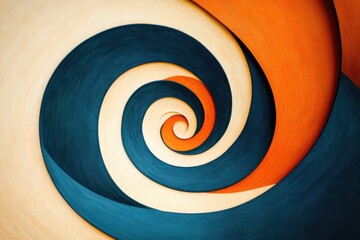 Abstract swirling spiral artwork with teal, orange, and beige color scheme.