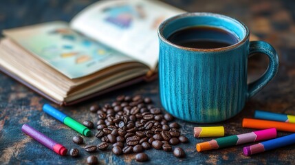 Naklejka premium a coffee mug, an open childrens storybook, and coffee beans placed near colorful crayons on a rustic surface
