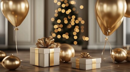 Golden balloons and gift boxes celebrating the arrival of New Year 2025