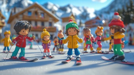 Cartoon children skiing in snowy mountain village.