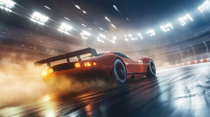 red race car drifting on wet track at night