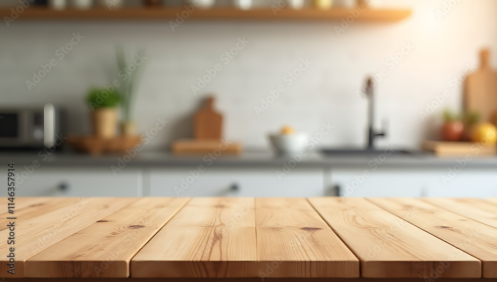 Poster wooden tabletop blurred in focus on a kitchen counter background used for product display or key des