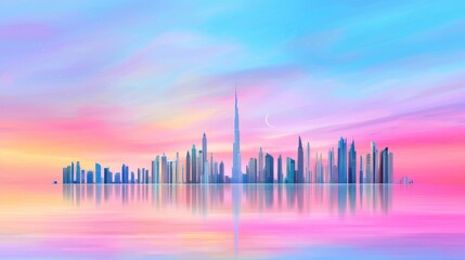 Bright abstract geometric art depicting renewable energy sources, solar panels, wind turbines, hydroelectricity, and a futuristic cityscape in a modern style.