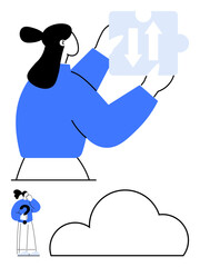 Woman holding piece with arrows, contemplating next move. Key elements include large puzzle piece, cloud, and question mark. Ideal for strategy, decision-making, problem-solving, innovation
