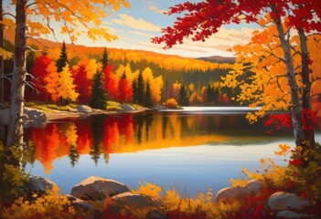 Obraz premium vibrant seasonal foliage showcasing rich colors across calm picturesque landscape, autumn, colorful, leaves, trees, scenic, greenery, tranquil, meadow, view