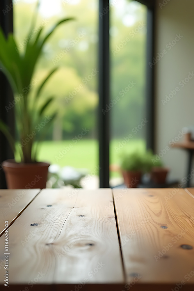 Poster Wooden table top surface blends into a soft blur with the garden in view outside through the adjacent window._00002_