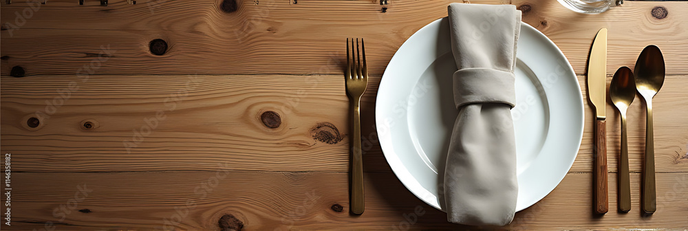 Aufkleber Wooden table setting with napkin or fabric and a clipping path for use as a design key visual background._00003_