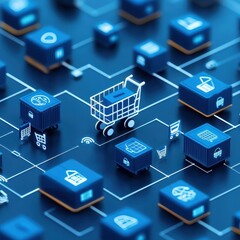 Fototapeta premium A digital representation of e-commerce, featuring a shopping cart surrounded by various icons and packages, symbolizing online shopping and logistics.