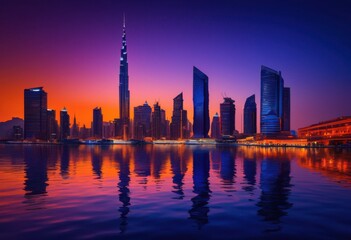 Naklejka premium twilight illuminated cityscape reflections water showcasing vibrant lights architectural marvels, skyline, architecture, river, urban, landscape, evening