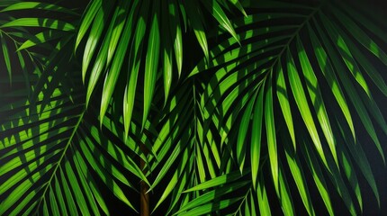 A classic oil painting of a set of tropical green palm leaves, rendered with intense dramatic lighting and high contrast to create tension. Rich textures and visible brushstrokes are key