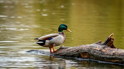 Fototapeta premium A mallard duck stands on a log by the tranquil waters of a serene lake during a sunny afternoon