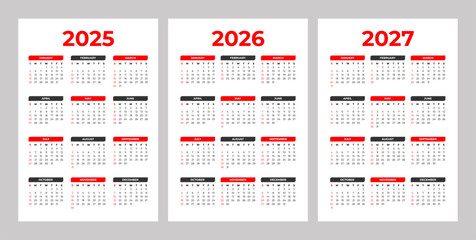 Set of 2025 2026 2027 Basic Calendar in White Background