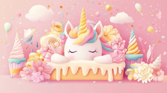 Adorable unicorn dessert compilation, decorated birthday treats, rainbow swirled toppings, magical horn accents, sleeping face details, blooming flower arrangements, vector illustration style,