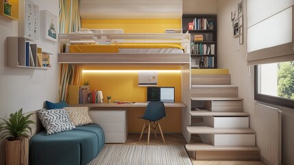 Cozy and Modern Bedroom Design Featuring Loft Bed with Study Area, Stylish Decor, and Bright Yellow Accents in a Compact Space