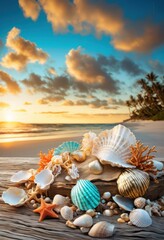 dynamic seascape still life featuring coastal elements vibrant colors natural textures, beach, coastline, ocean, waves, sand, shells, rocks, driftwood