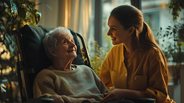 Golden Hour Caregiver and Senior Woman Realistic Image
