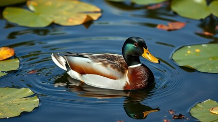 Obraz premium Mallard duck swimming among lily pads in a serene pond during early morning light
