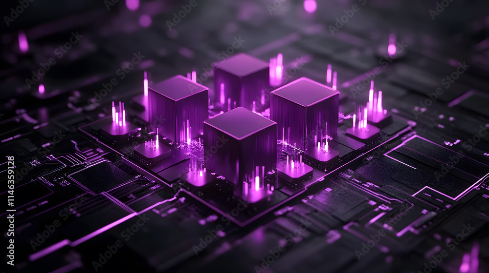 Poster a digital circuit board featuring glowing purple cubes, emitting light, creating a futuristic and te