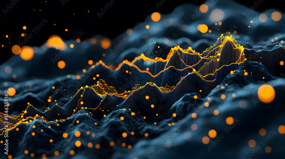 Poster a vibrant digital landscape featuring glowing waves and dynamic particles, evoking a sense of moveme
