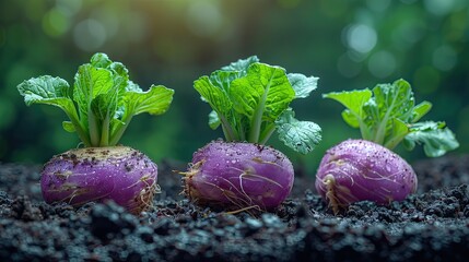 Three vibrant purple turnips with green leaves growing in rich soil, glistening with moisture.