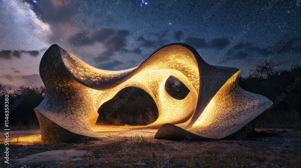 Poster a sculptural structure illuminated at night, blending art and nature under a starry sky.