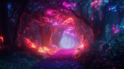 Fototapeta premium Enchanted Forest Pathway with Luminous Colors and Dreamlike Atmosphere Surrounded by Trees and Vibrant Foliage in a Mystical Setting