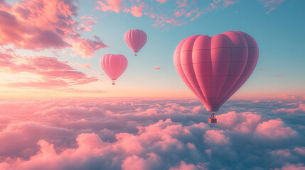 Fototapeta premium Heart-Shaped Pink Hot Air Balloons Floating in a Serene Pastel Sky