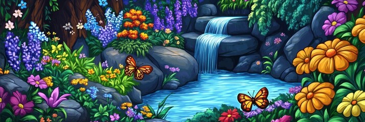 Fototapeta premium Enchanting waterfall cascading through vibrant wildflowers and butterflies in a lush forest.