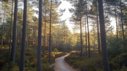 Fototapeta premium Path leading to the dense forest surrounded by pine trees