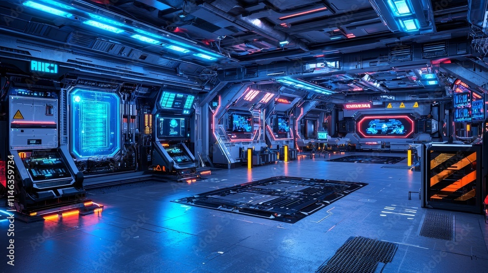 Poster a high-tech server farm for bitcoin and crypto mining, complete with a vast data center illuminated 
