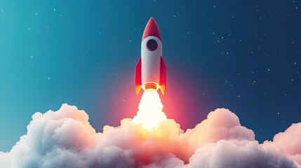 Illustrative Rocket Launching into Space with Bright Flames and Clouds Against a Starry Night Sky, Symbolizing Adventure, Exploration, and Innovation in Technology