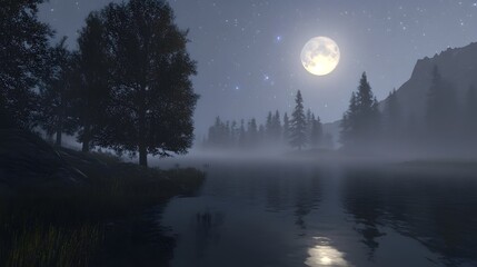 Mist rising from a lake under moonlight with surrounding trees creating an eerie magical look