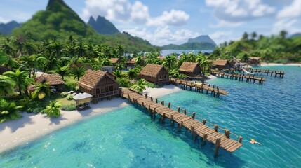 Obraz premium Lavish bungalows perched over water, joined by a wooden bridge in a tropical oasis.