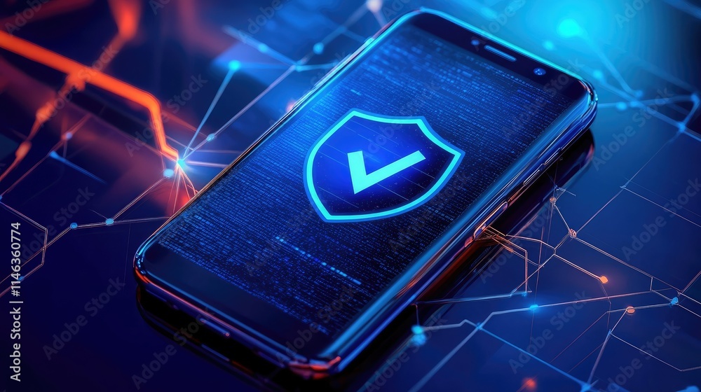 Poster abstract concept of mobile security with digital shield on smartphone screen representing protection